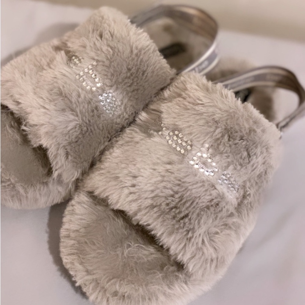 Women’s Grey Furry Bebe Strapped Slides